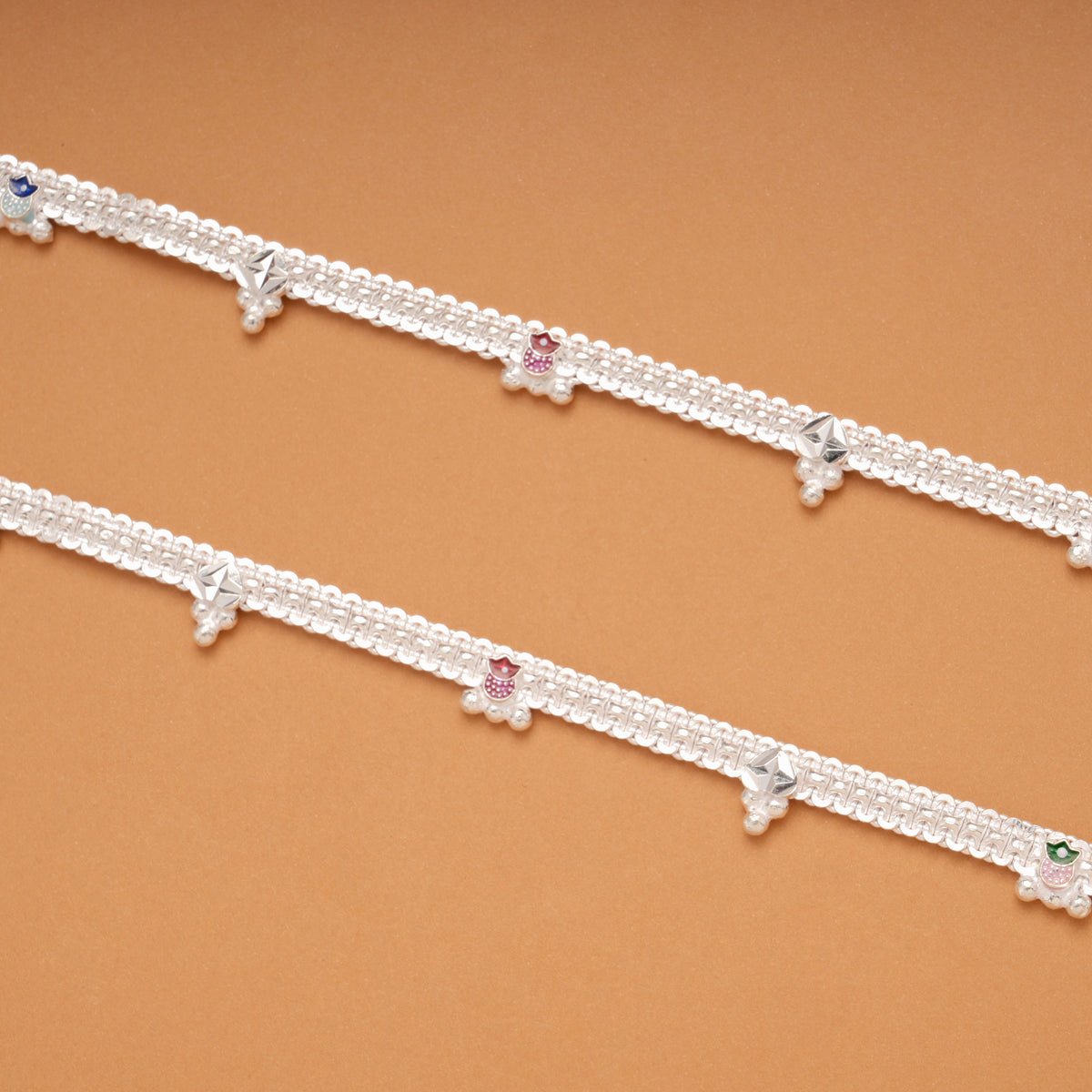 Multicolour Flower Pot Braided Enamel Silver Anklets