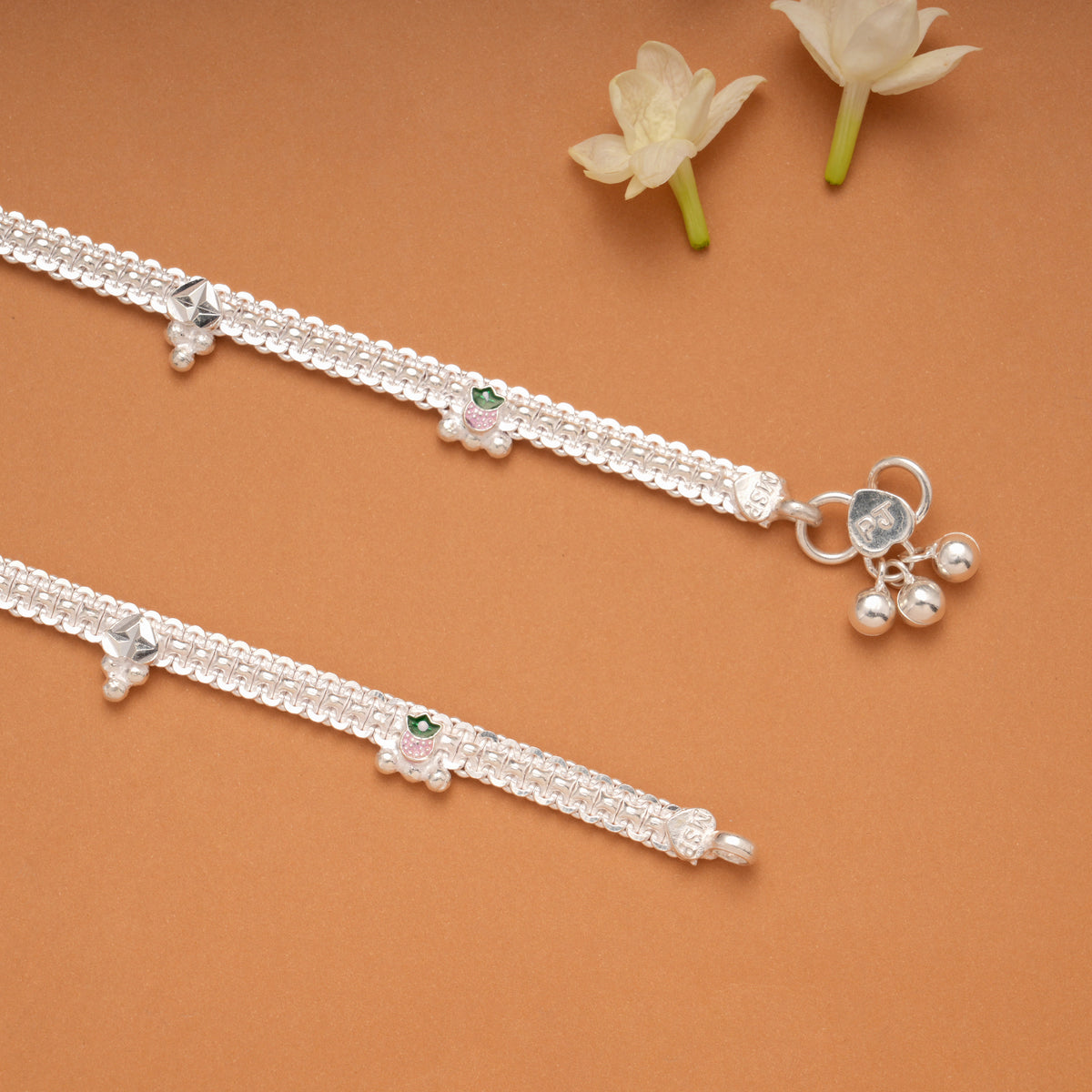Multicolour Flower Pot Braided Enamel Silver Anklets