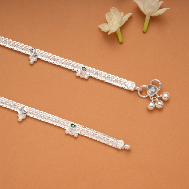Multicolour Flower Pot Braided Enamel Silver Anklets