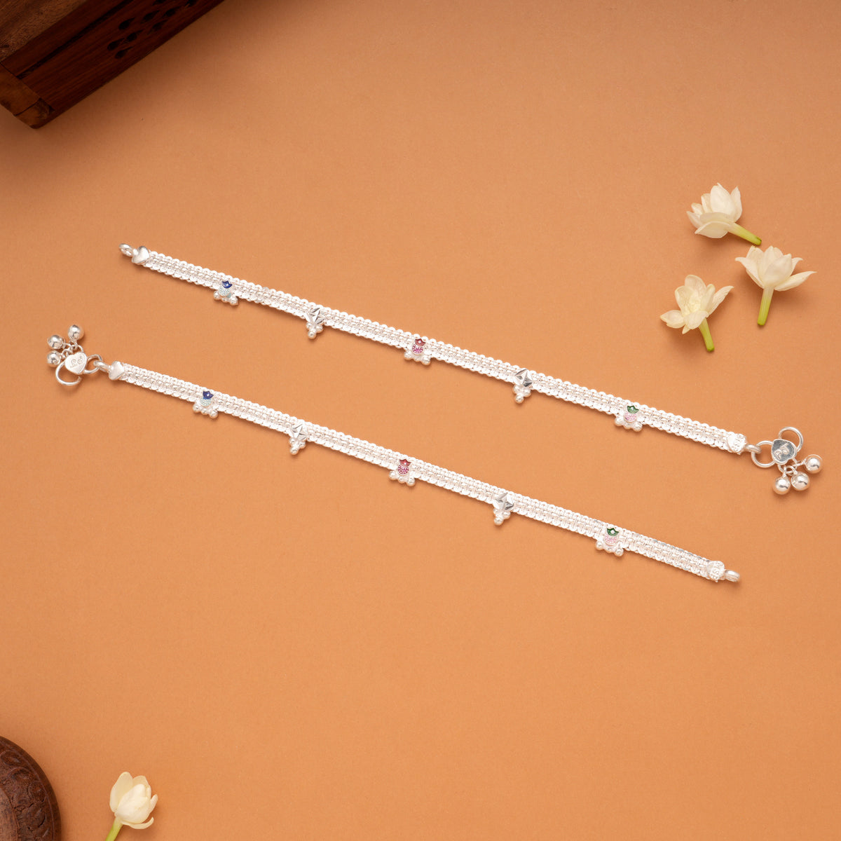 Multicolour Flower Pot Braided Enamel Silver Anklets