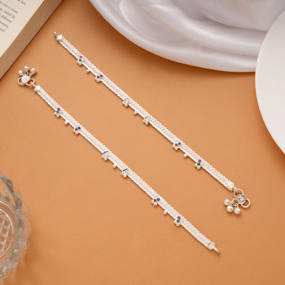 Trendy Braided Design Floral Silver Anklets