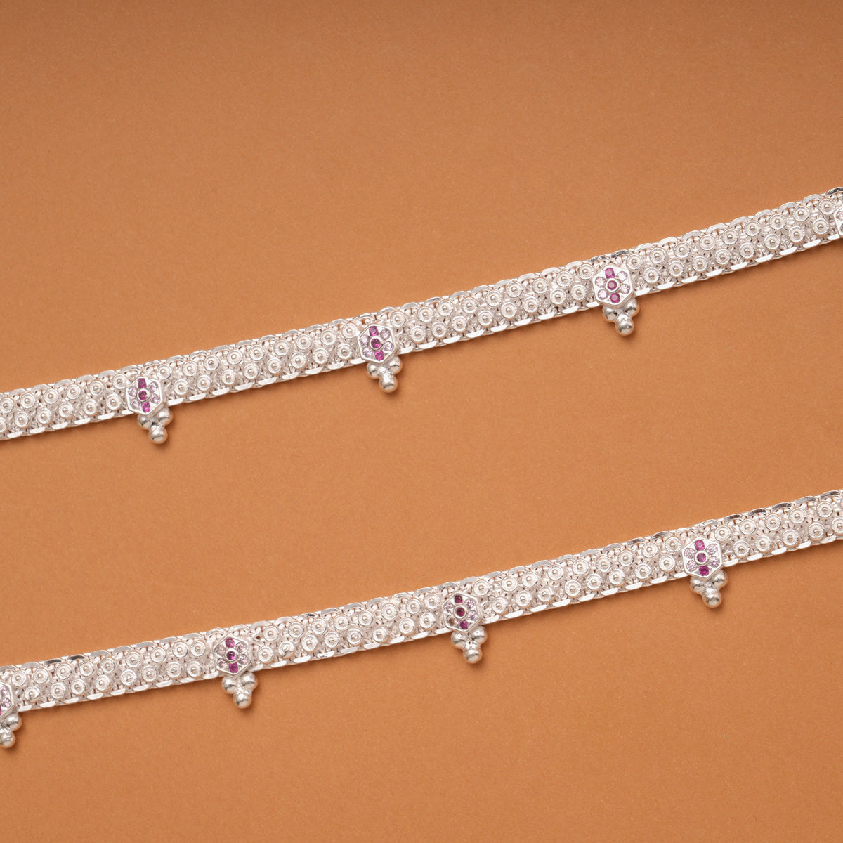 Braided Pink and White Stone Linear Silver Anklets
