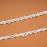 Braided Pink and White Stone Linear Silver Anklets