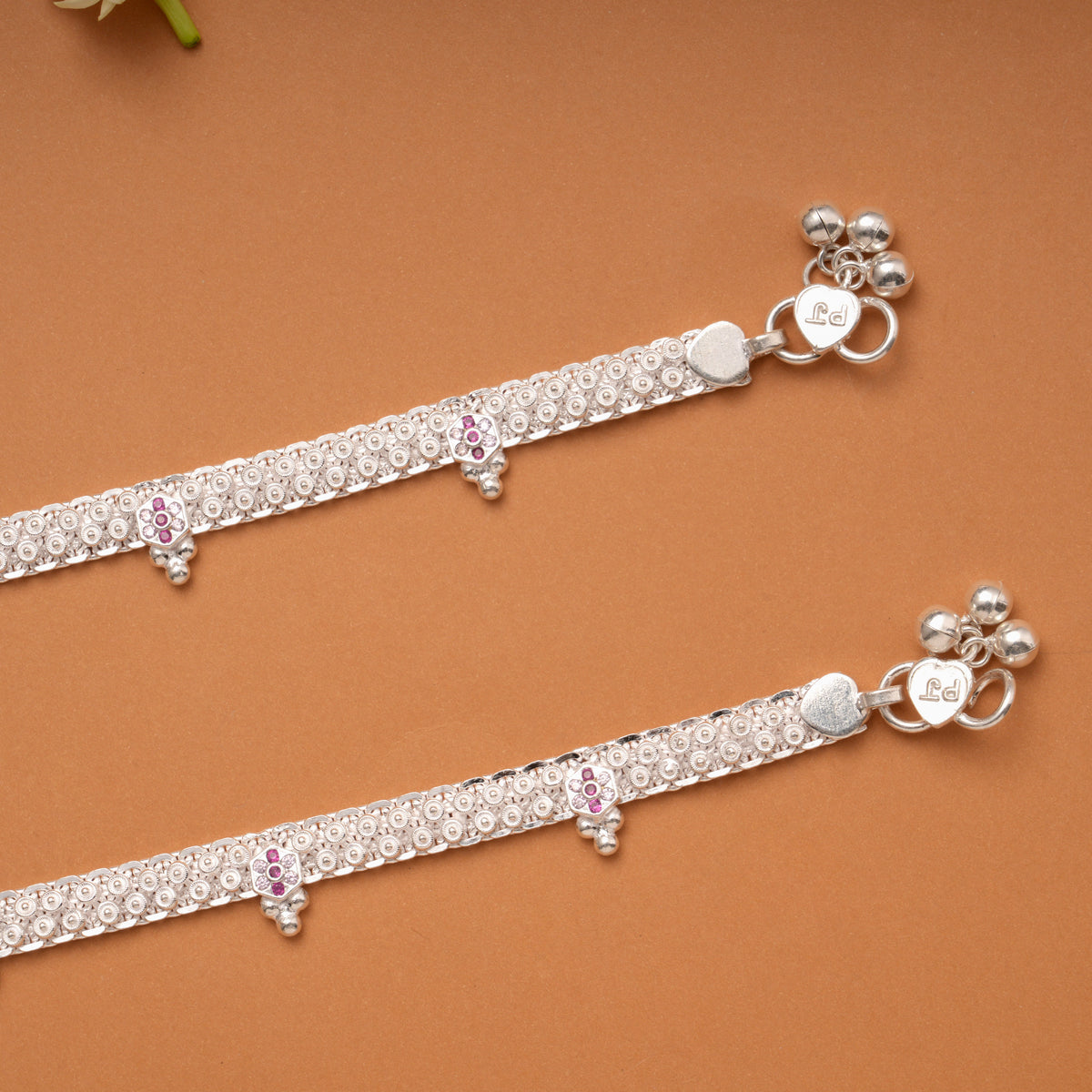 Braided Pink and White Stone Linear Silver Anklets