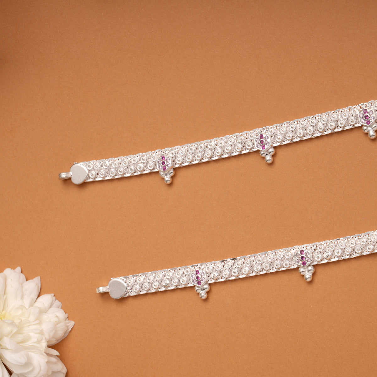 Braided Pink and White Stone Linear Silver Anklets