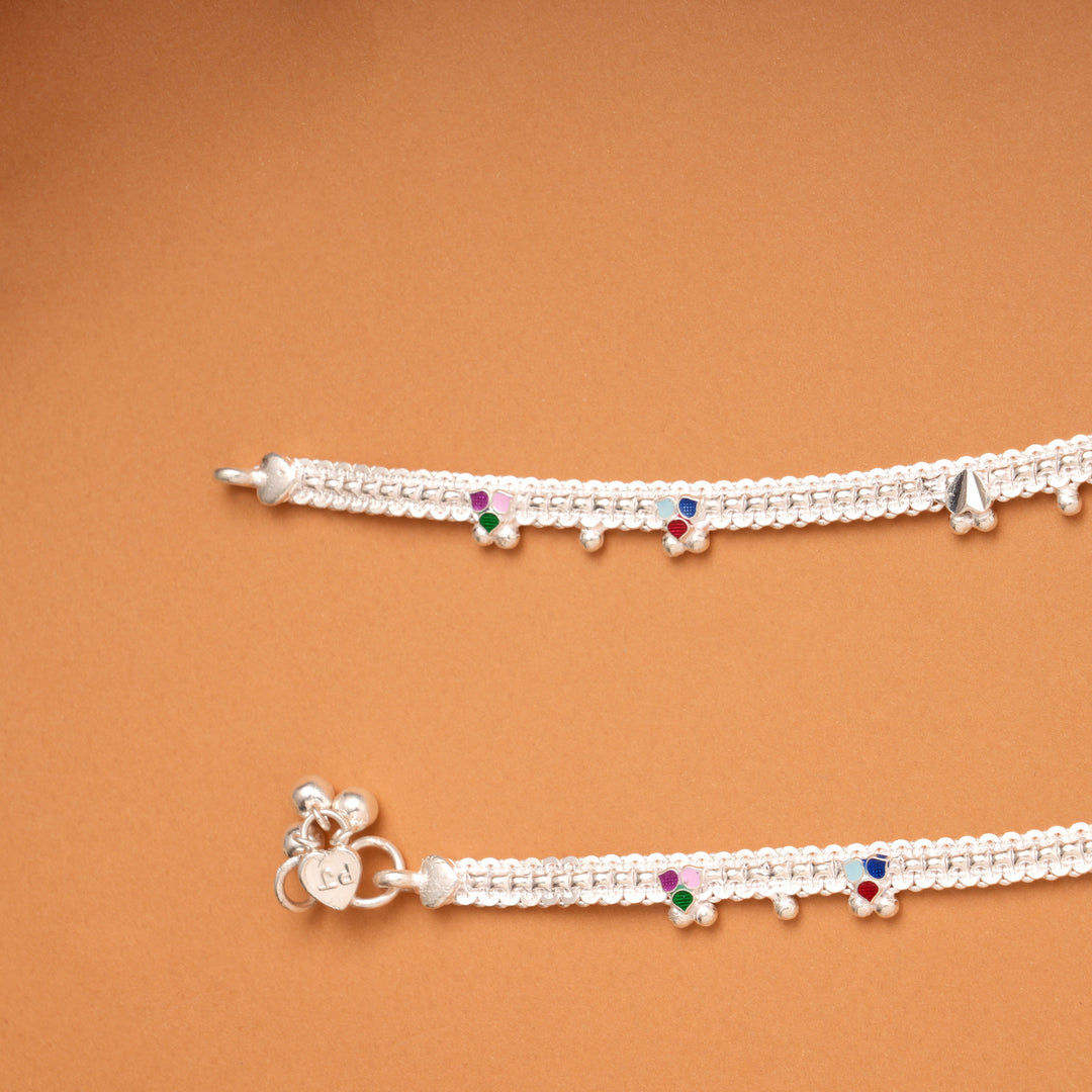Vibrant Colorful Leafy Design Silver Anklets