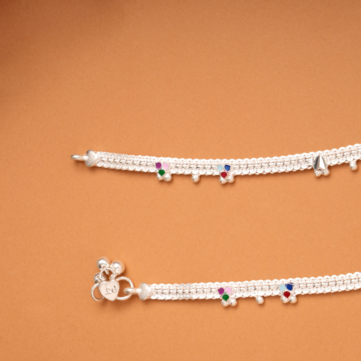 Vibrant Colorful Leafy Design Silver Anklets