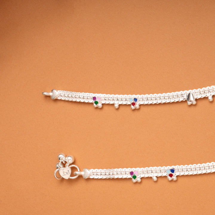Vibrant Colorful Leafy Design Silver Anklets
