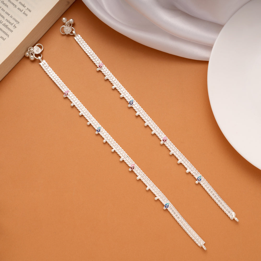 Dual Colour Leaf Braided Design Silver Anklets