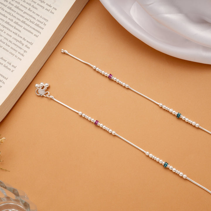 Sleek Design Purple and Blue Enamel Silver Anklets