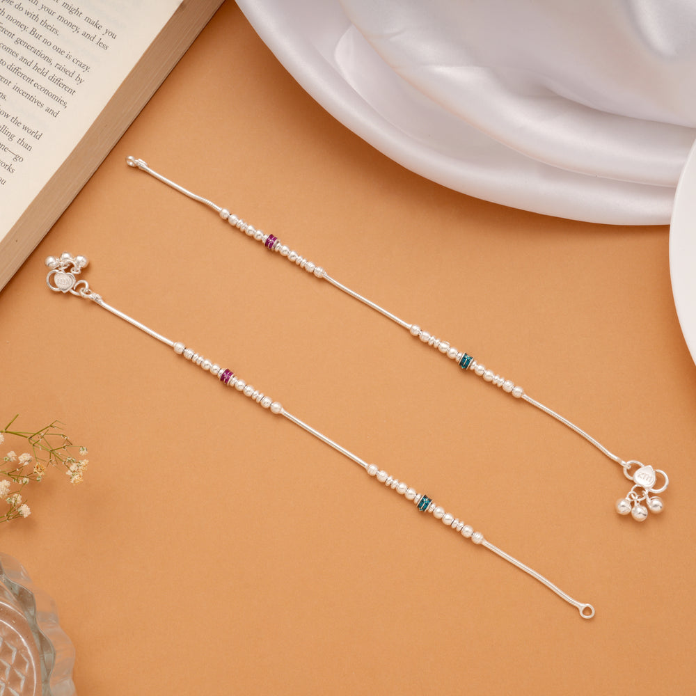 Sleek Design Purple and Blue Enamel Silver Anklets