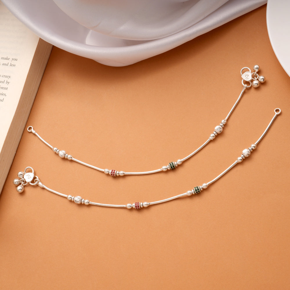 Delicate Double Enamel Beaded Silver Anklets