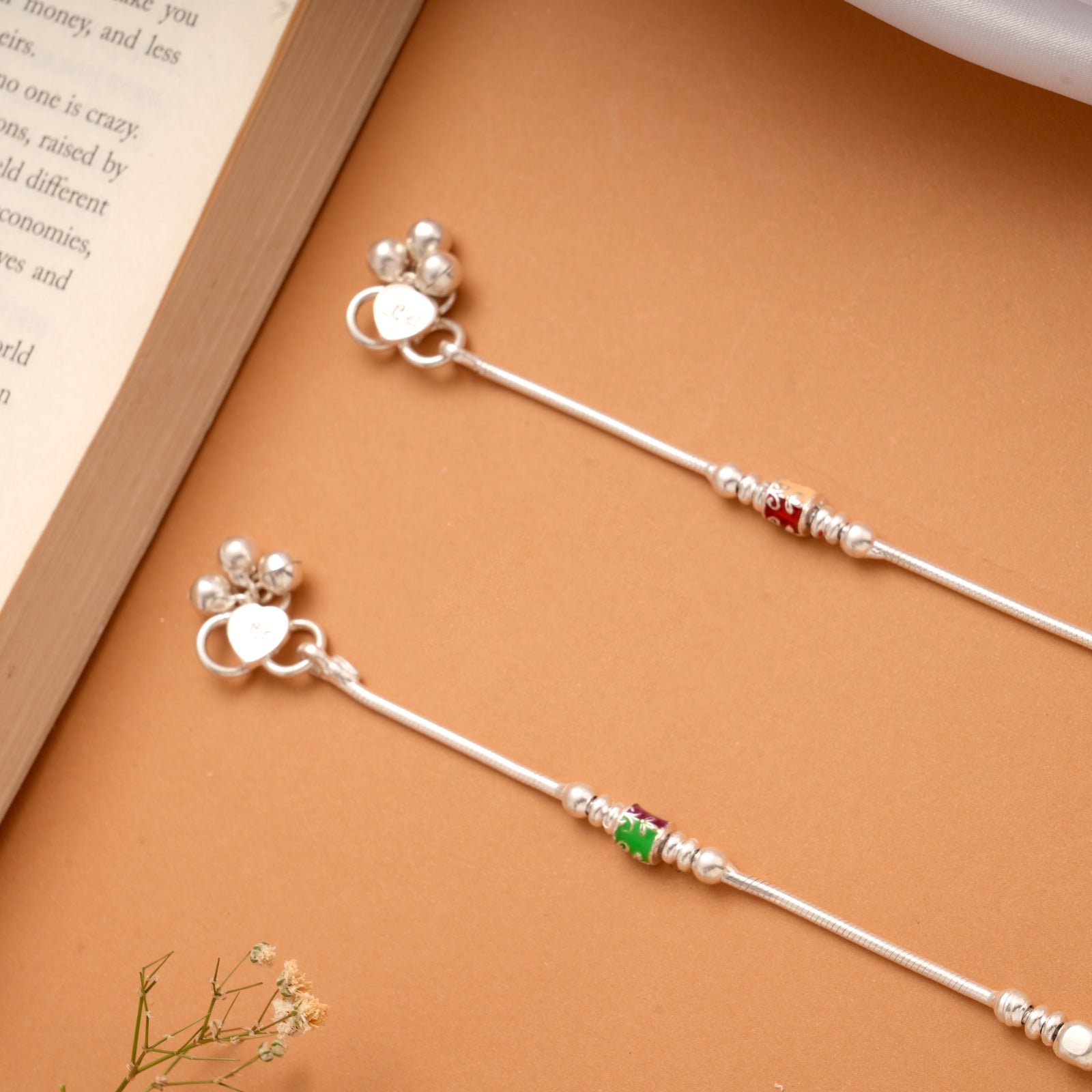 Multicolour Intricate Leaf Enamel Design Silver Anklets