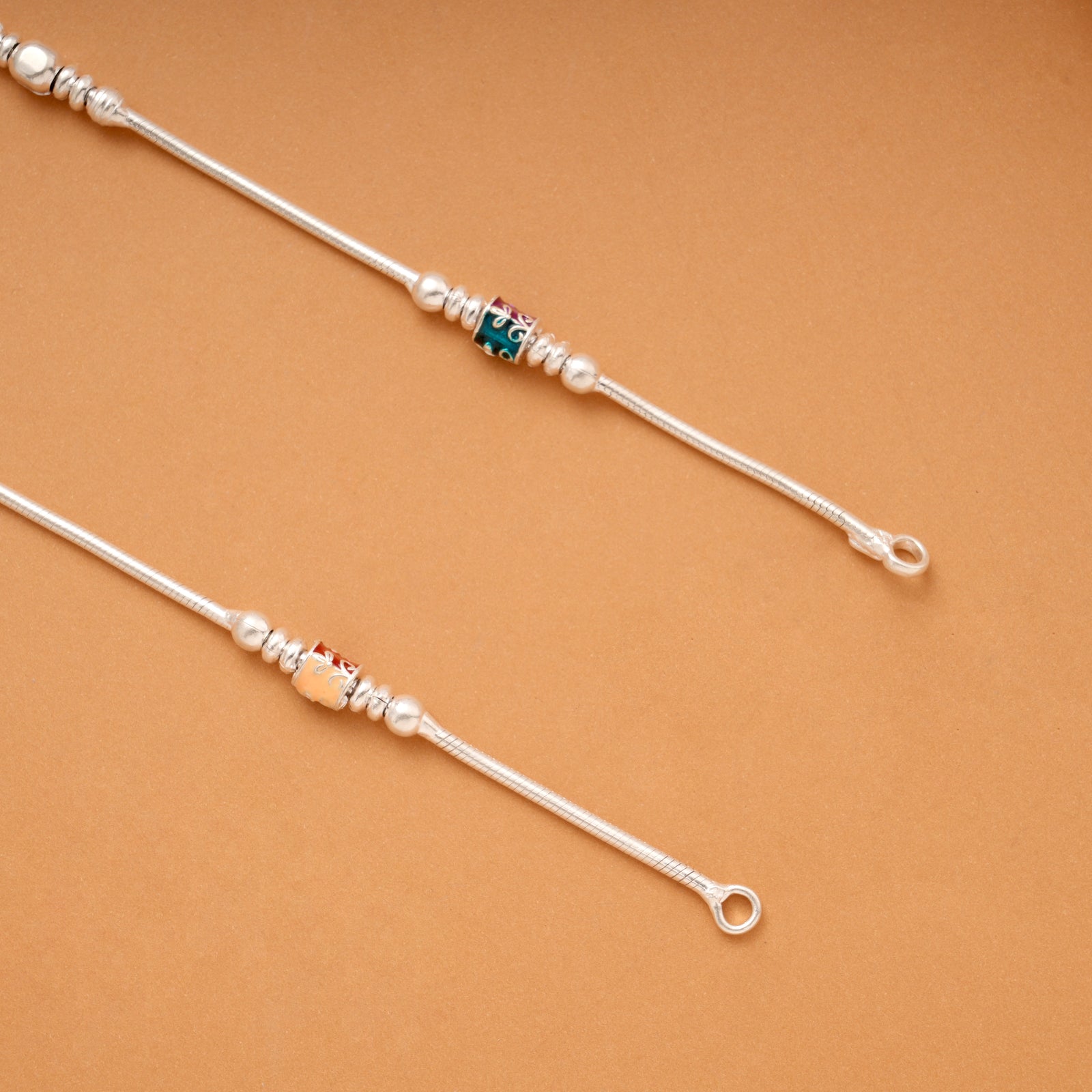 Multicolour Intricate Leaf Enamel Design Silver Anklets
