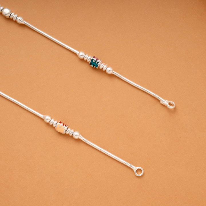 Multicolour Intricate Leaf Enamel Design Silver Anklets