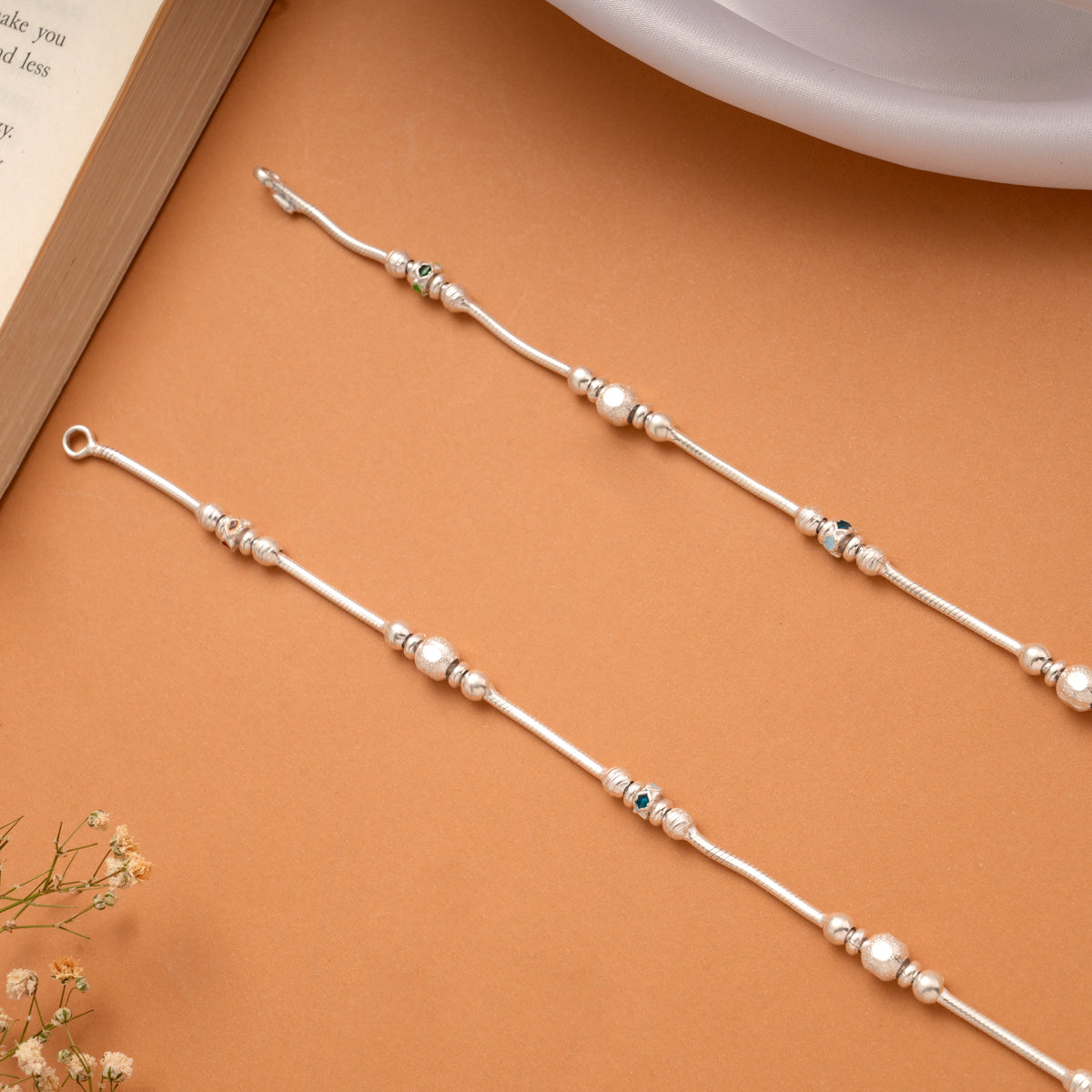 Elegant Silver Beaded Enamel Design Anklets