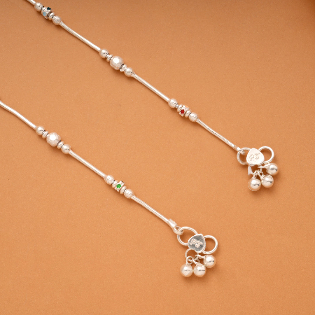 Elegant Silver Beaded Enamel Design Anklets