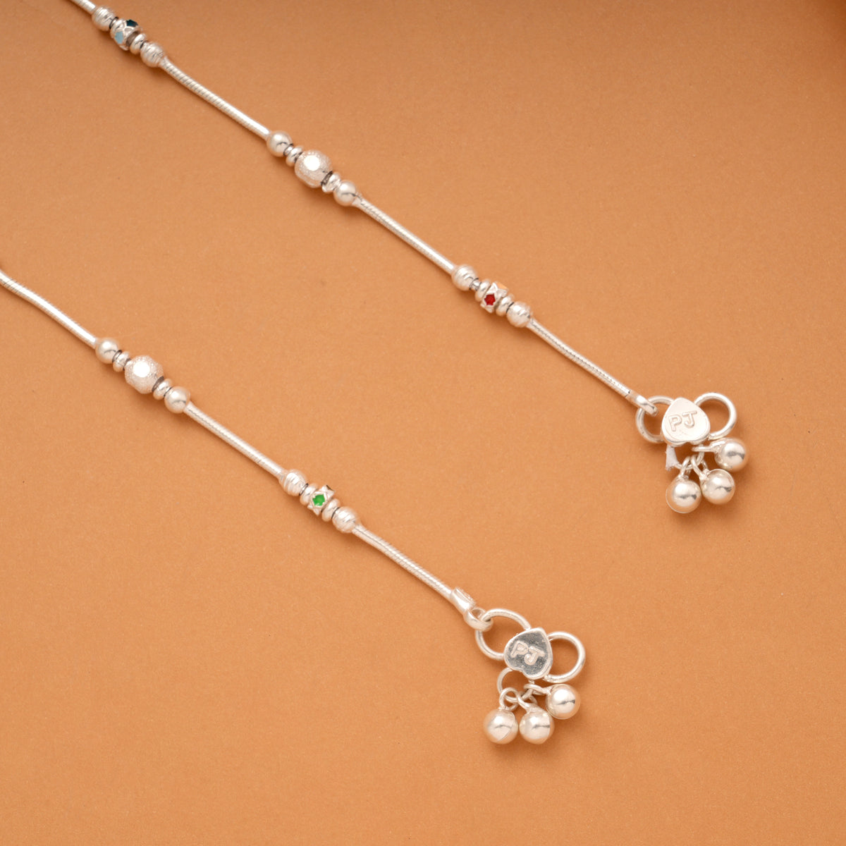 Elegant Silver Beaded Enamel Design Anklets