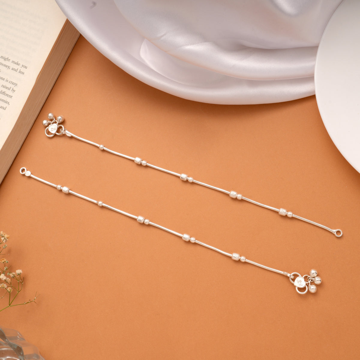 Sleek Silver Multi Beaded Design Anklets