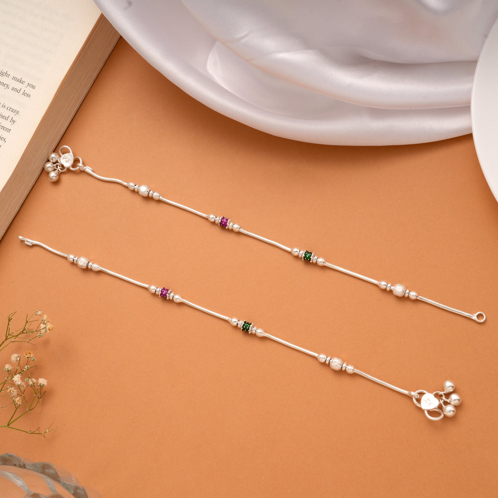 Purple and Green Enamel Beaded Silver Anklets