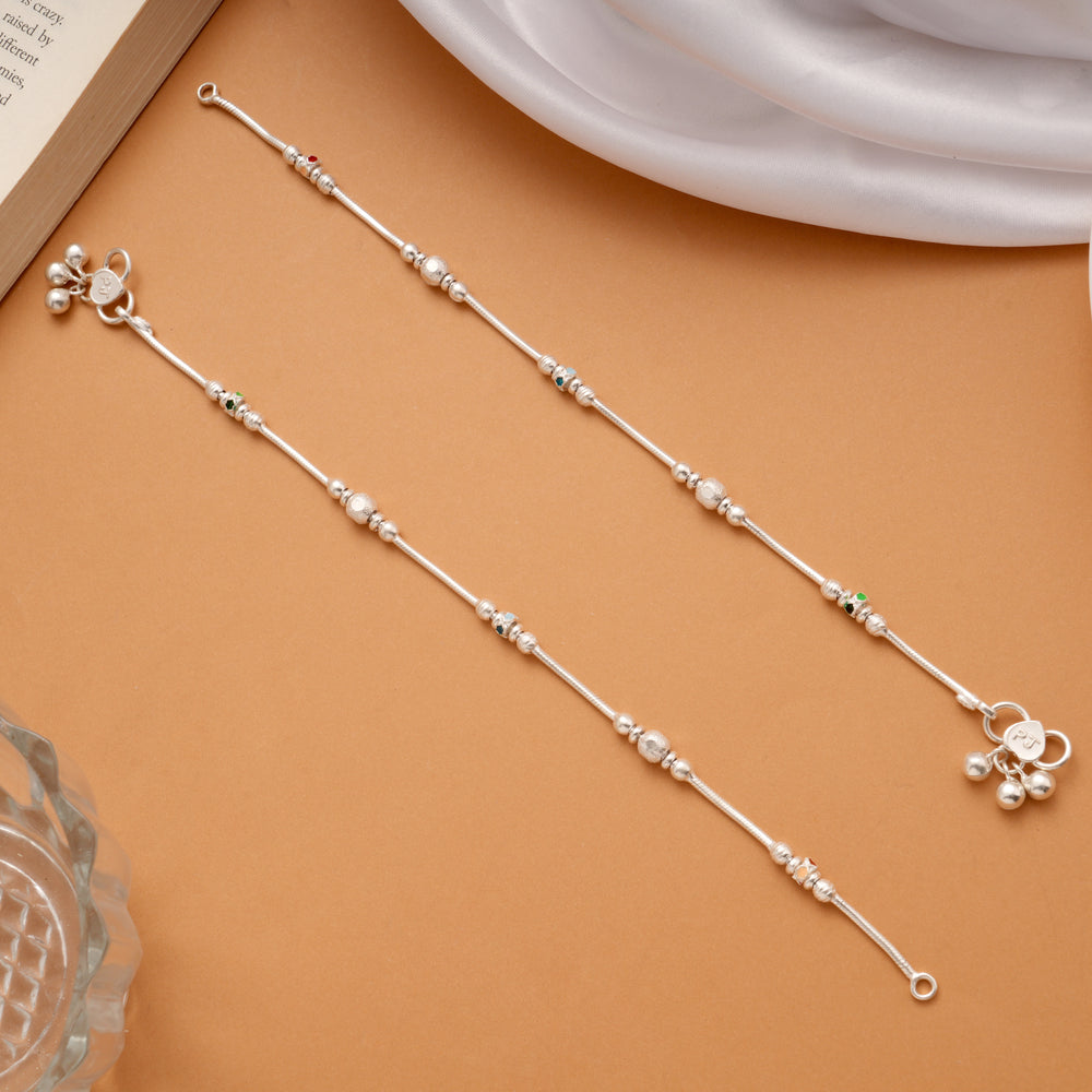 Multi Beaded Enamel Design Silver Anklets