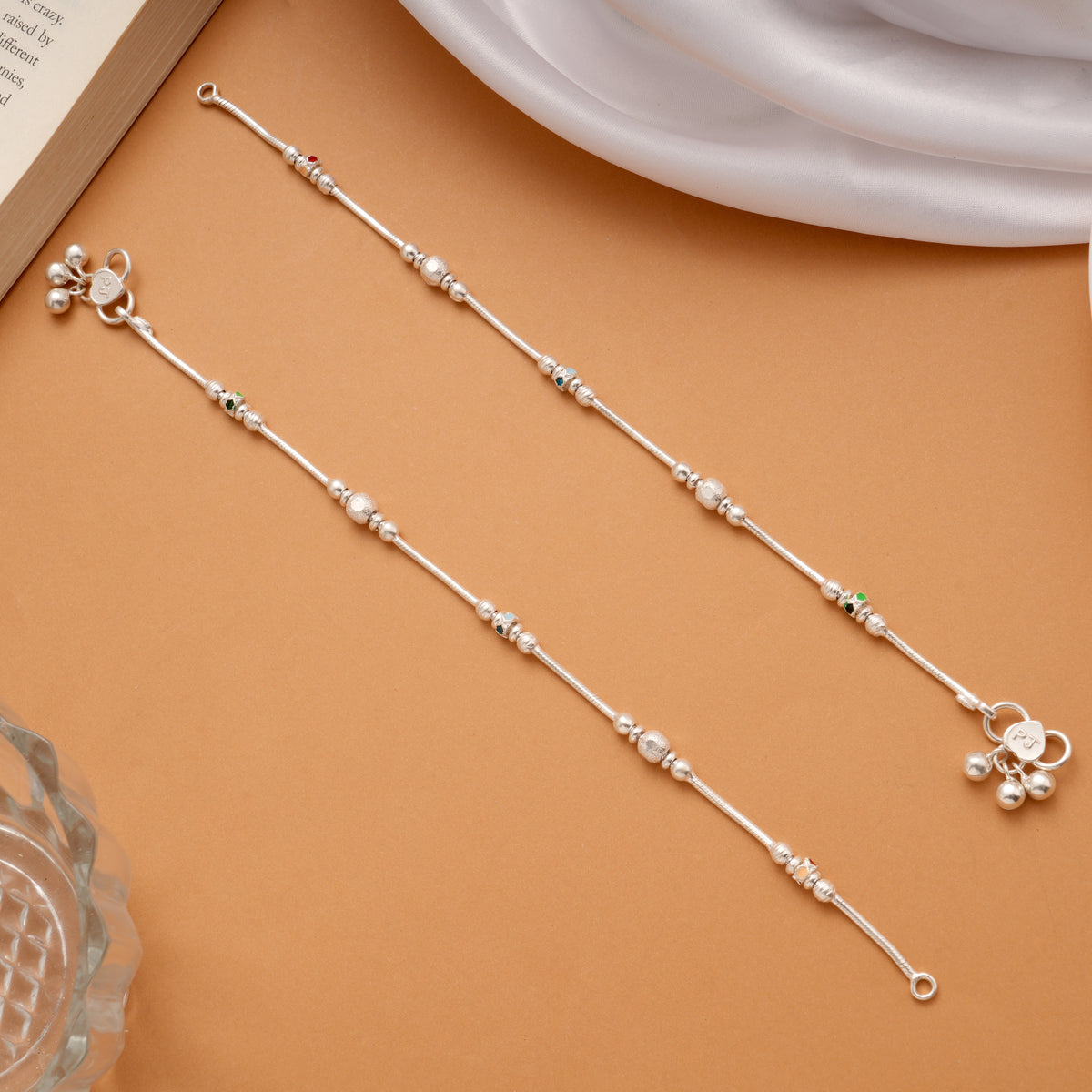 Multi Beaded Enamel Design Silver Anklets