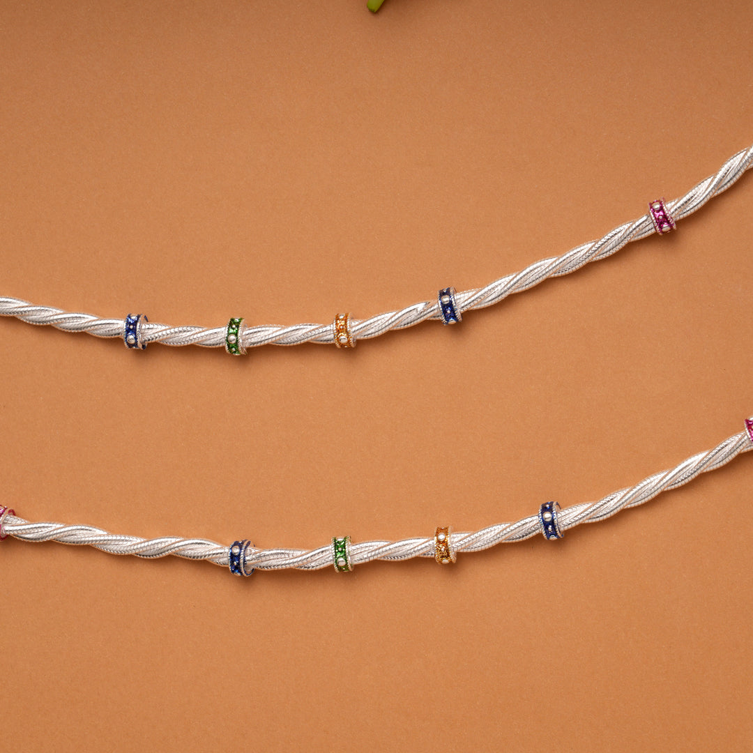 Multi Color Enamel Twisted Beads Silver Anklets