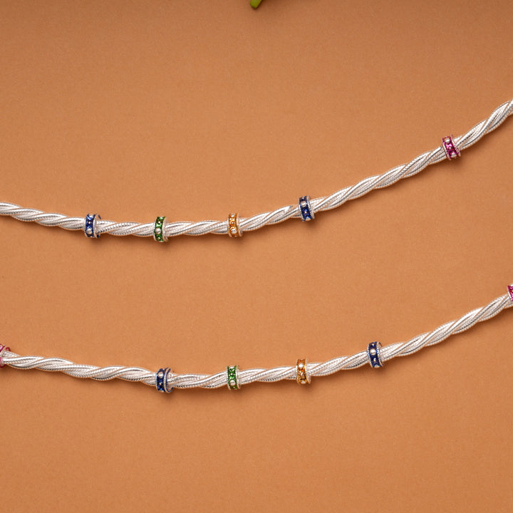 Multi Color Enamel Twisted Beads Silver Anklets