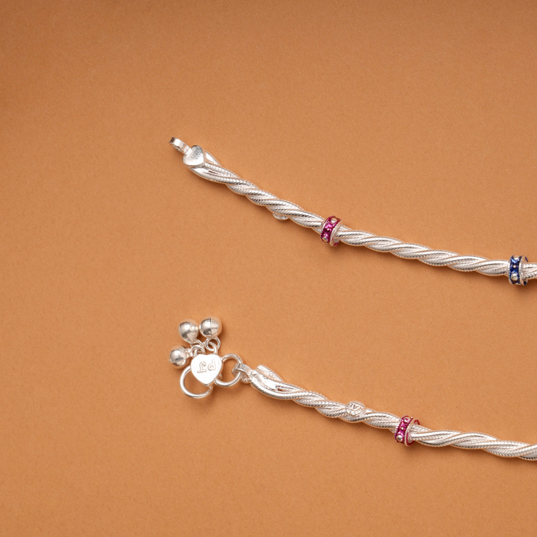 Multi Color Enamel Twisted Beads Silver Anklets