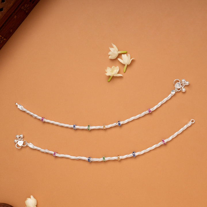 Multi Color Enamel Twisted Beads Silver Anklets