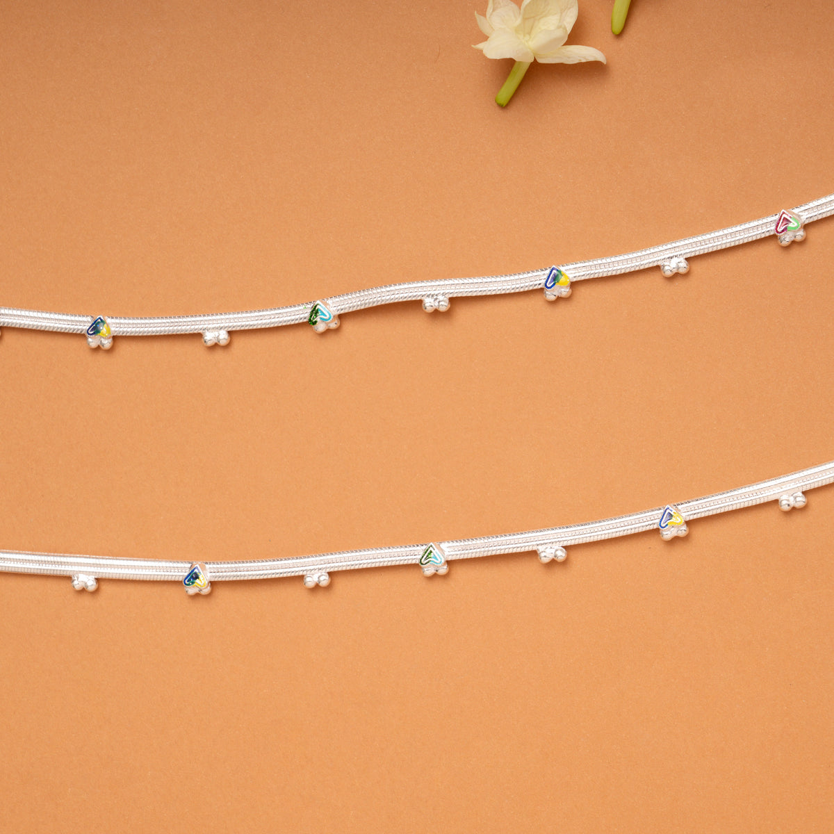 Regal Heart Enamel Design Silver Anklets