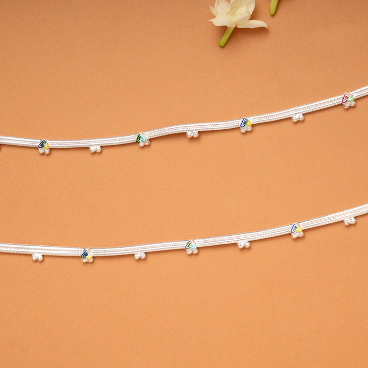 Regal Heart Enamel Design Silver Anklets