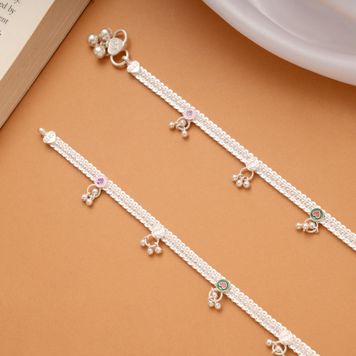 Elegant Multicolour Heart Enamel Drops Silver Anklets