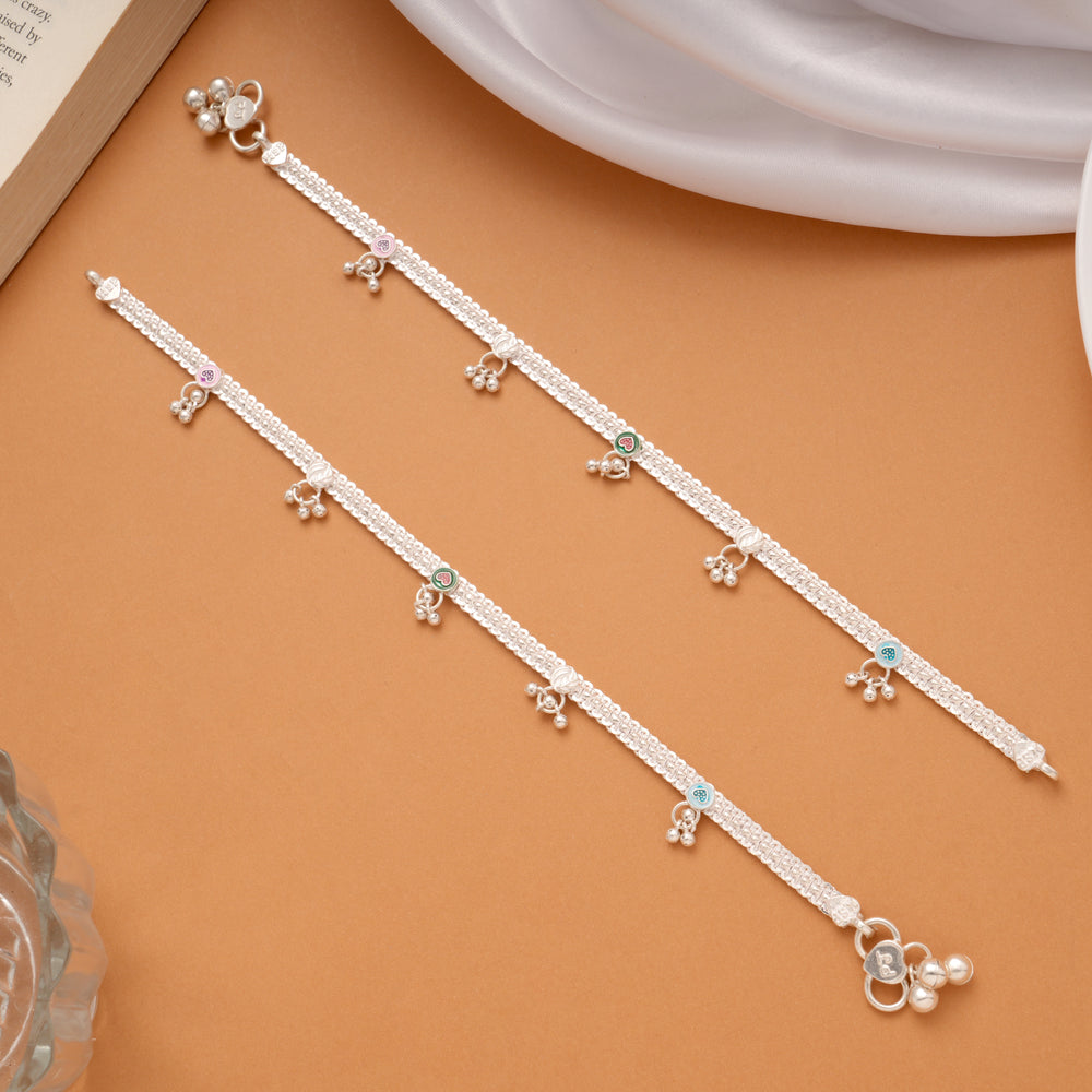 Elegant Multicolour Heart Enamel Drops Silver Anklets