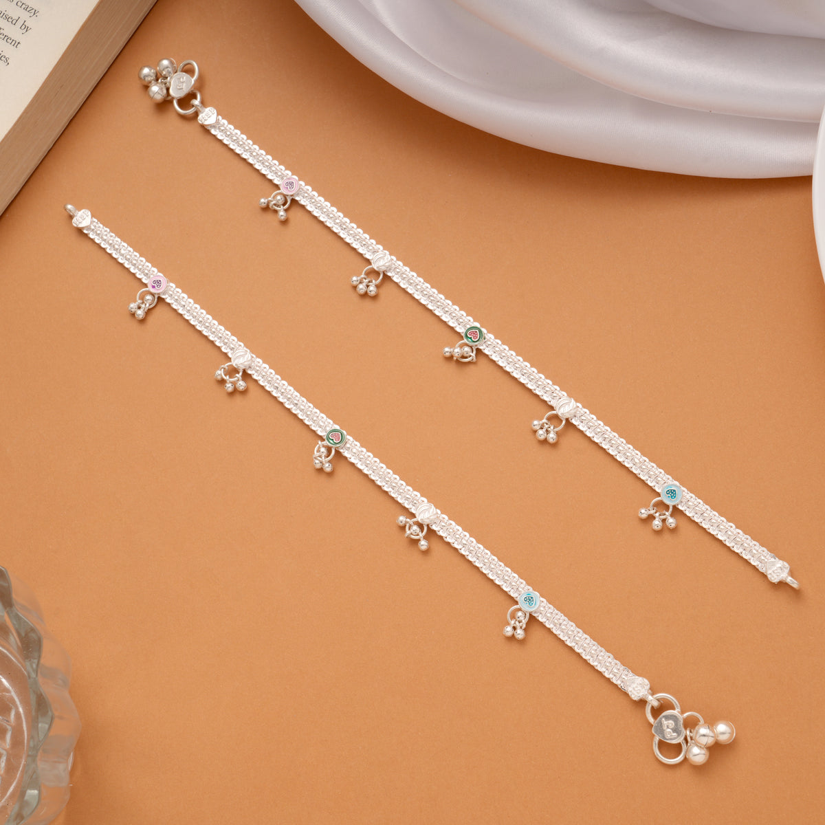 Elegant Multicolour Heart Enamel Drops Silver Anklets
