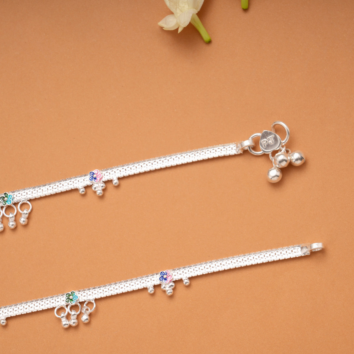 Colourful Flower Enamel with Beads Silver Anklets