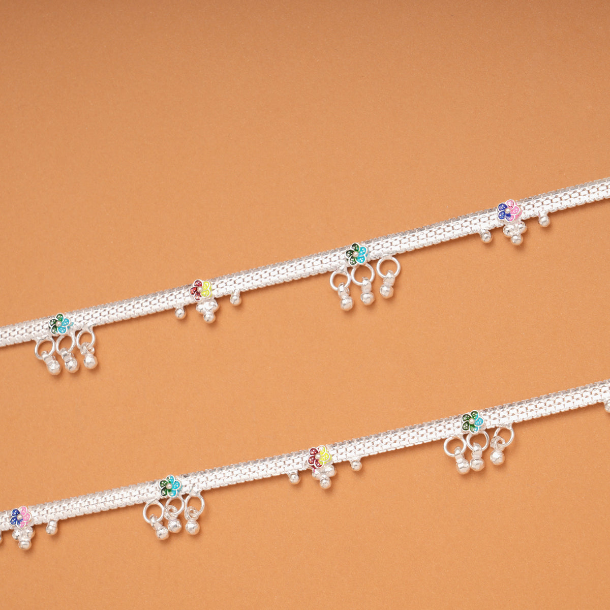 Colourful Flower Enamel with Beads Silver Anklets