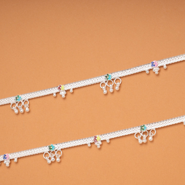 Colourful Flower Enamel with Beads Silver Anklets
