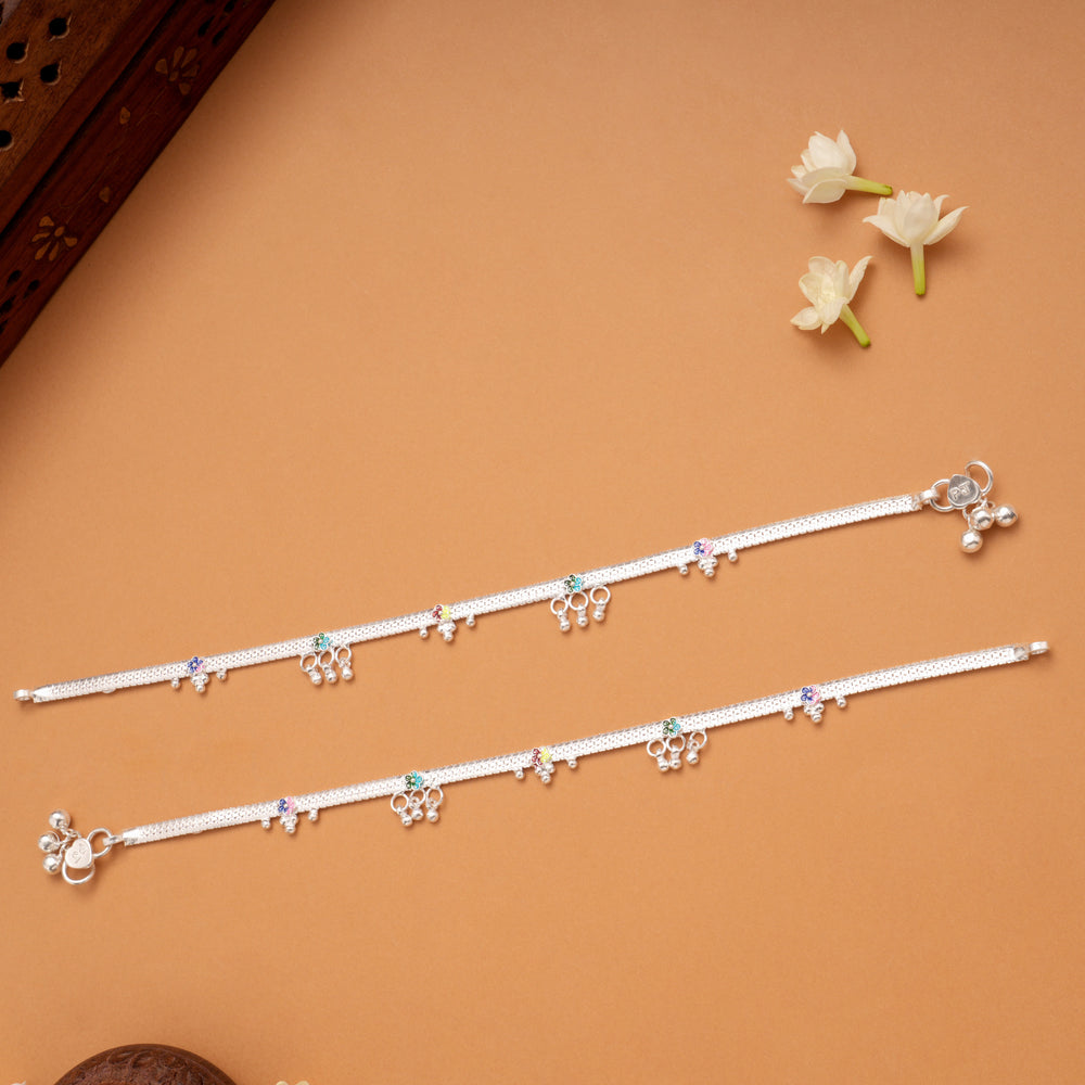 Colourful Flower Enamel with Beads Silver Anklets