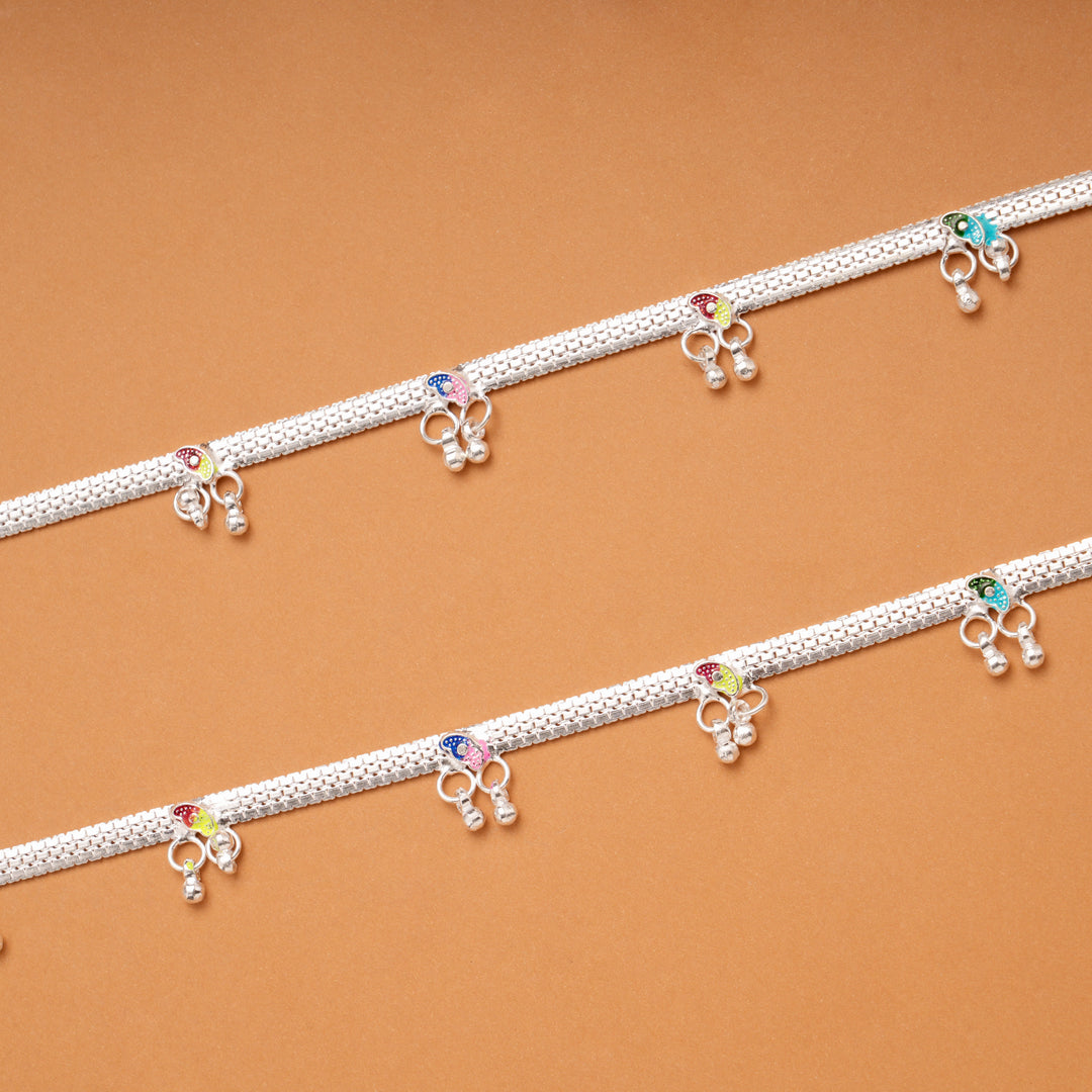 Colourful Enamel Leafy Design Silver Anklets