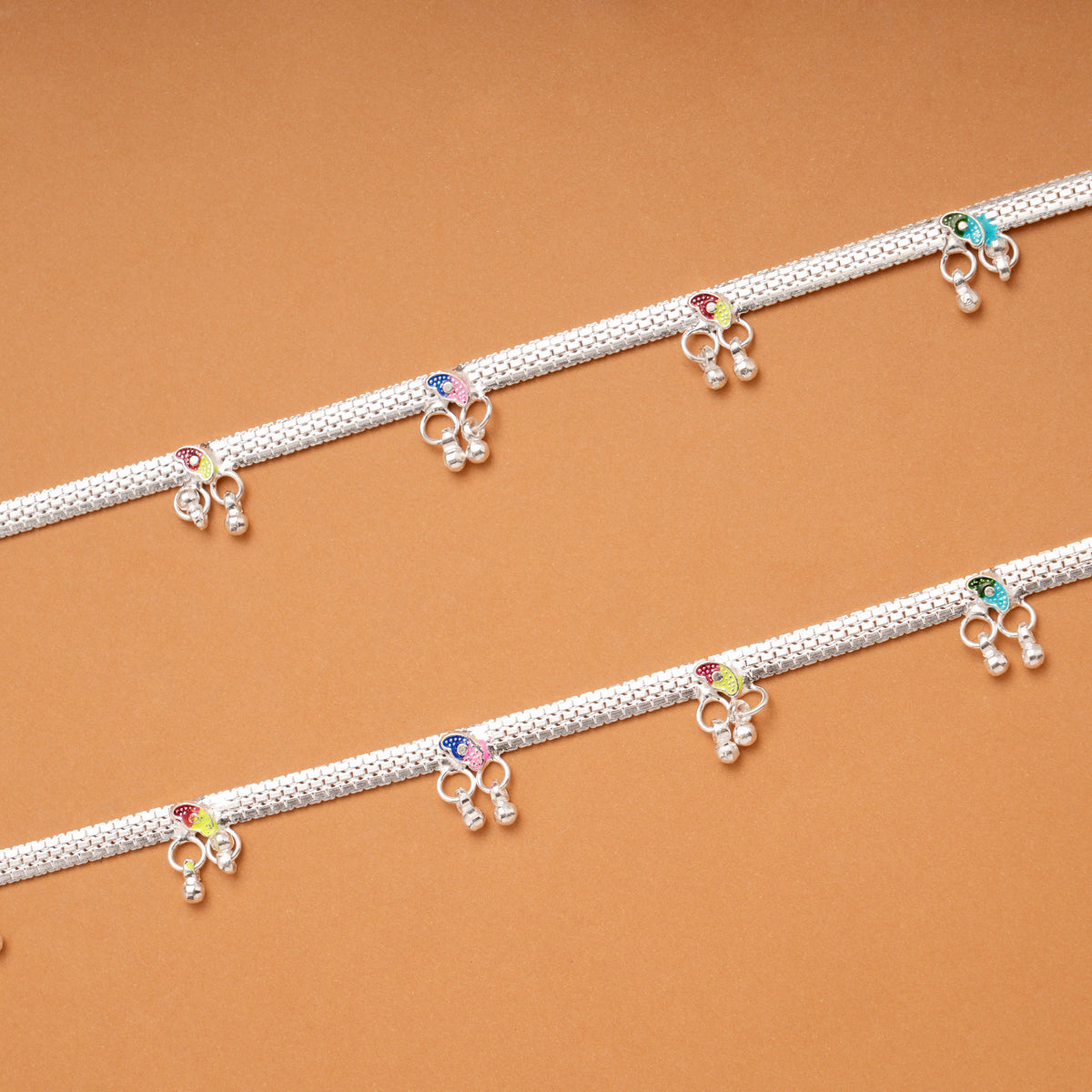 Colourful Enamel Leafy Design Silver Anklets