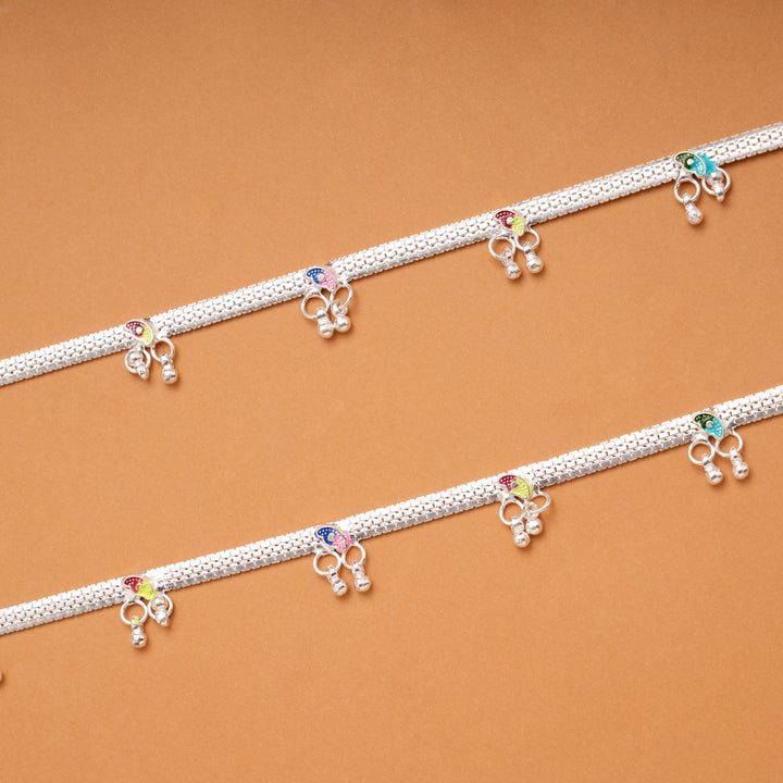 Colourful Enamel Leafy Design Silver Anklets