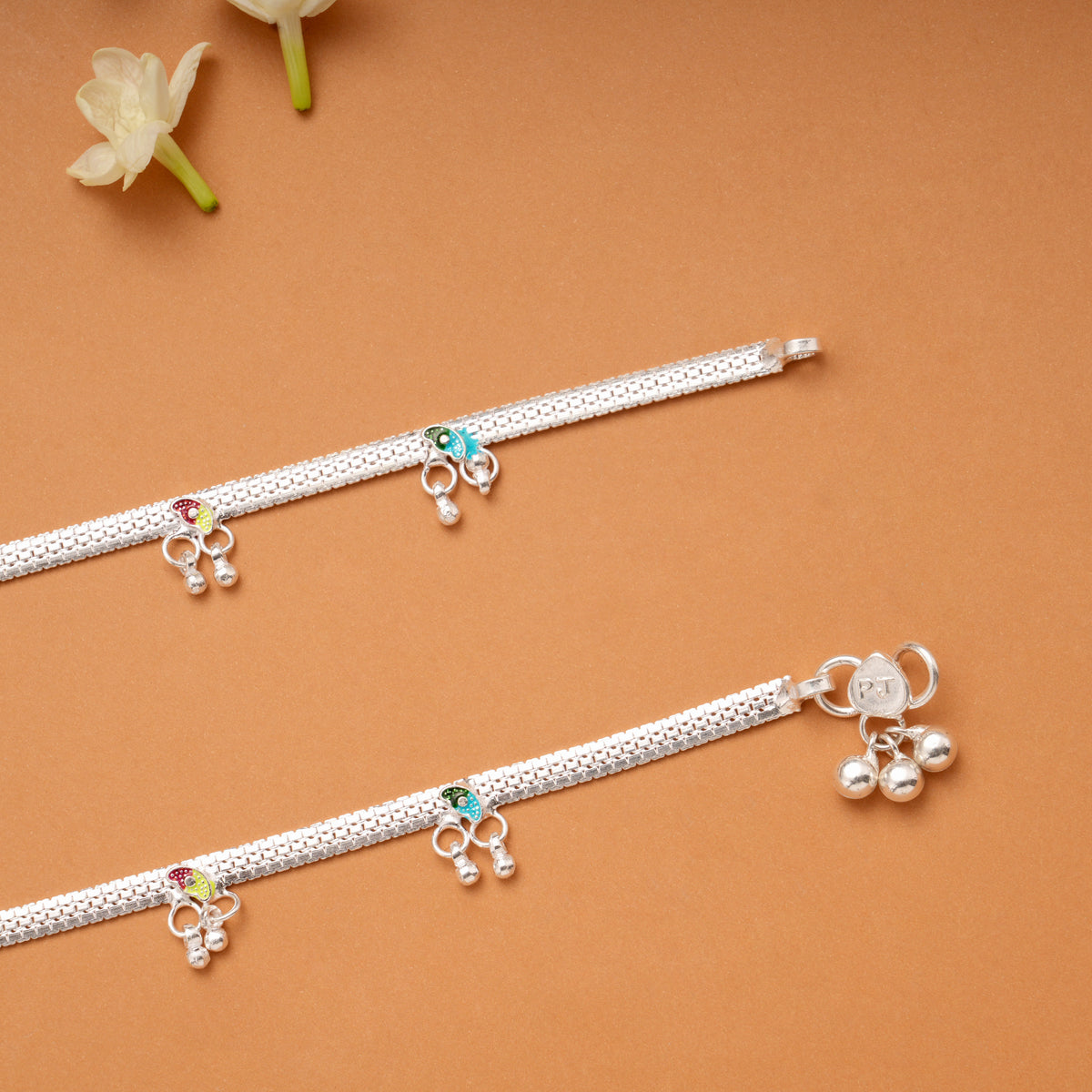 Colourful Enamel Leafy Design Silver Anklets