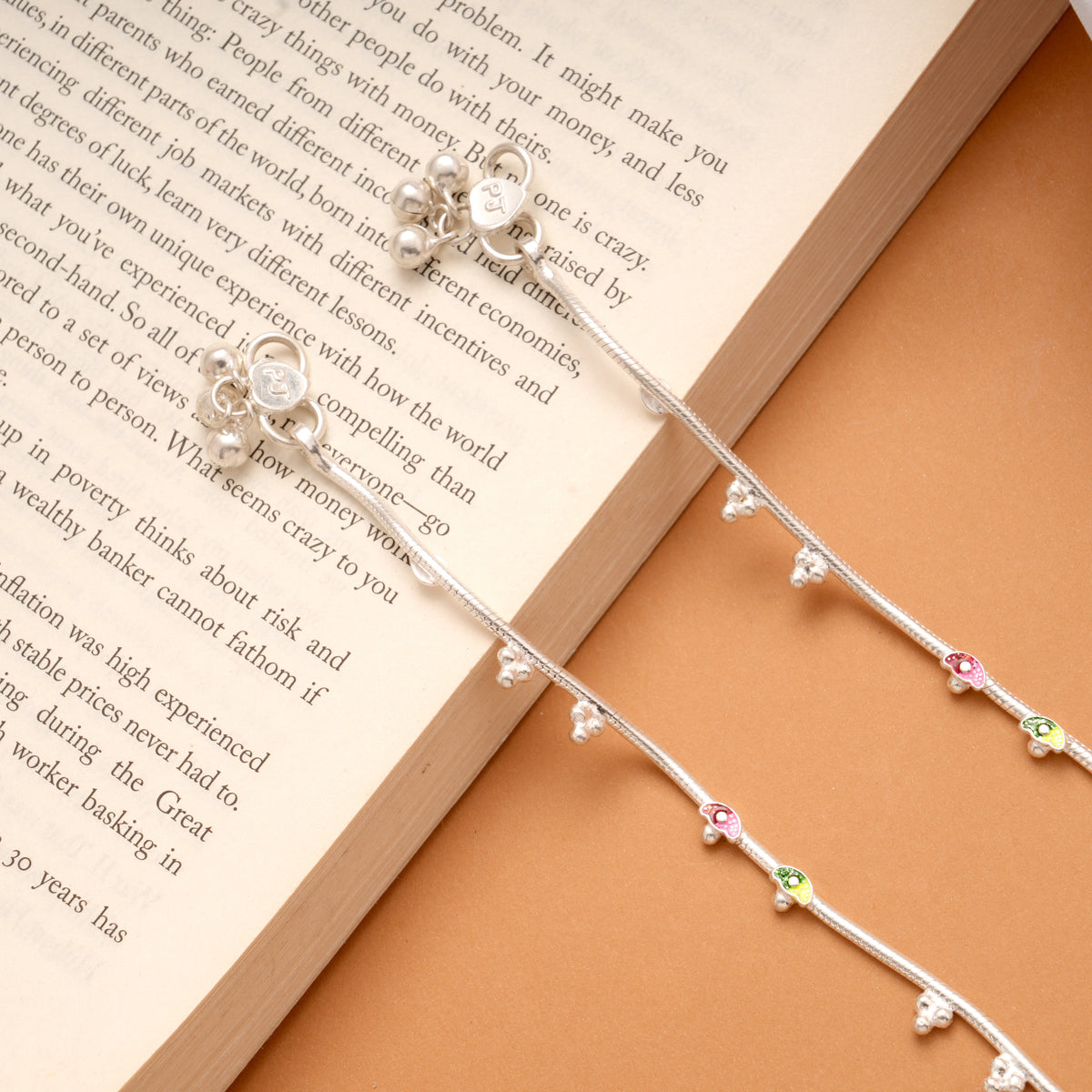 Vibrant Enamel Leaf Design Silver Anklets