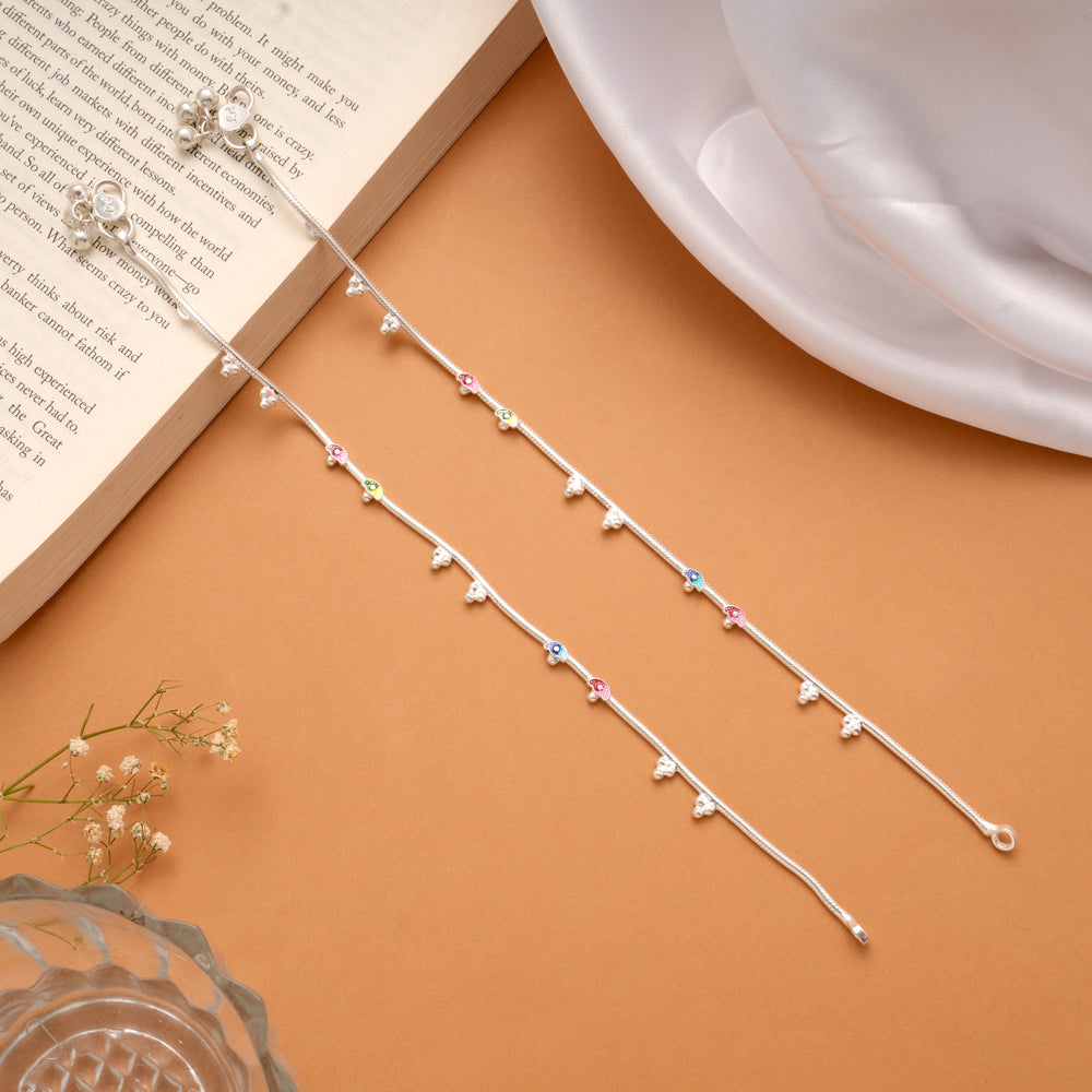Vibrant Enamel Leaf Design Silver Anklets