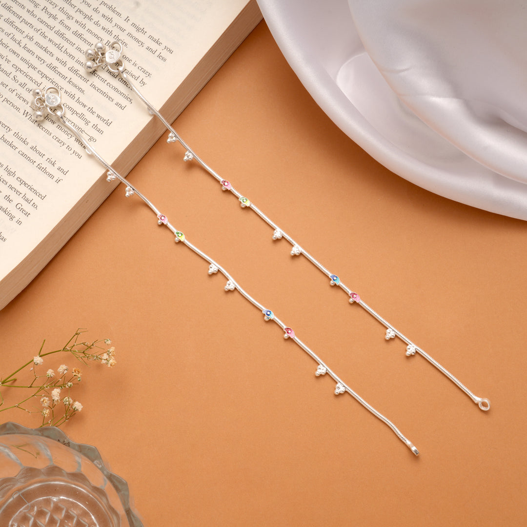 Vibrant Enamel Leaf Design Silver Anklets