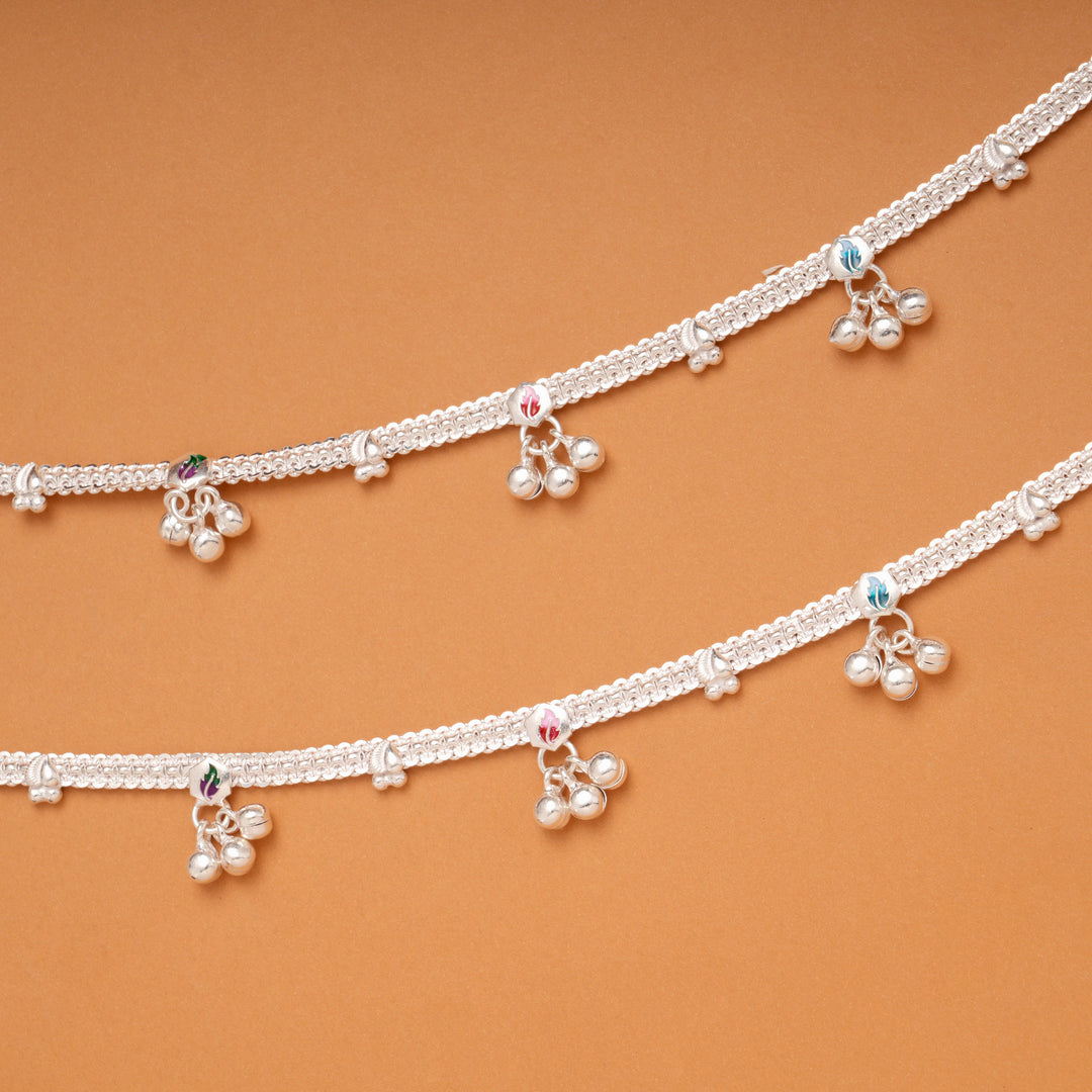 Tri Hexagonal Leafy Color Enamel Silver Anklets