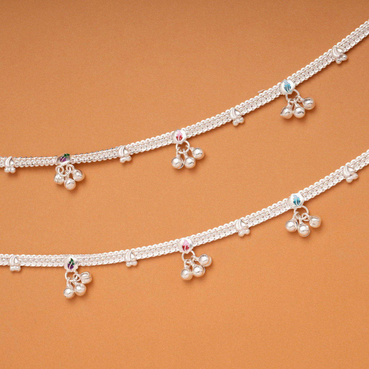 Tri Hexagonal Leafy Color Enamel Silver Anklets