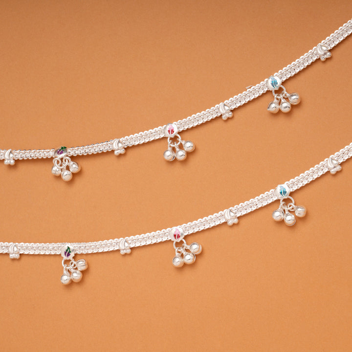 Tri Hexagonal Leafy Color Enamel Silver Anklets