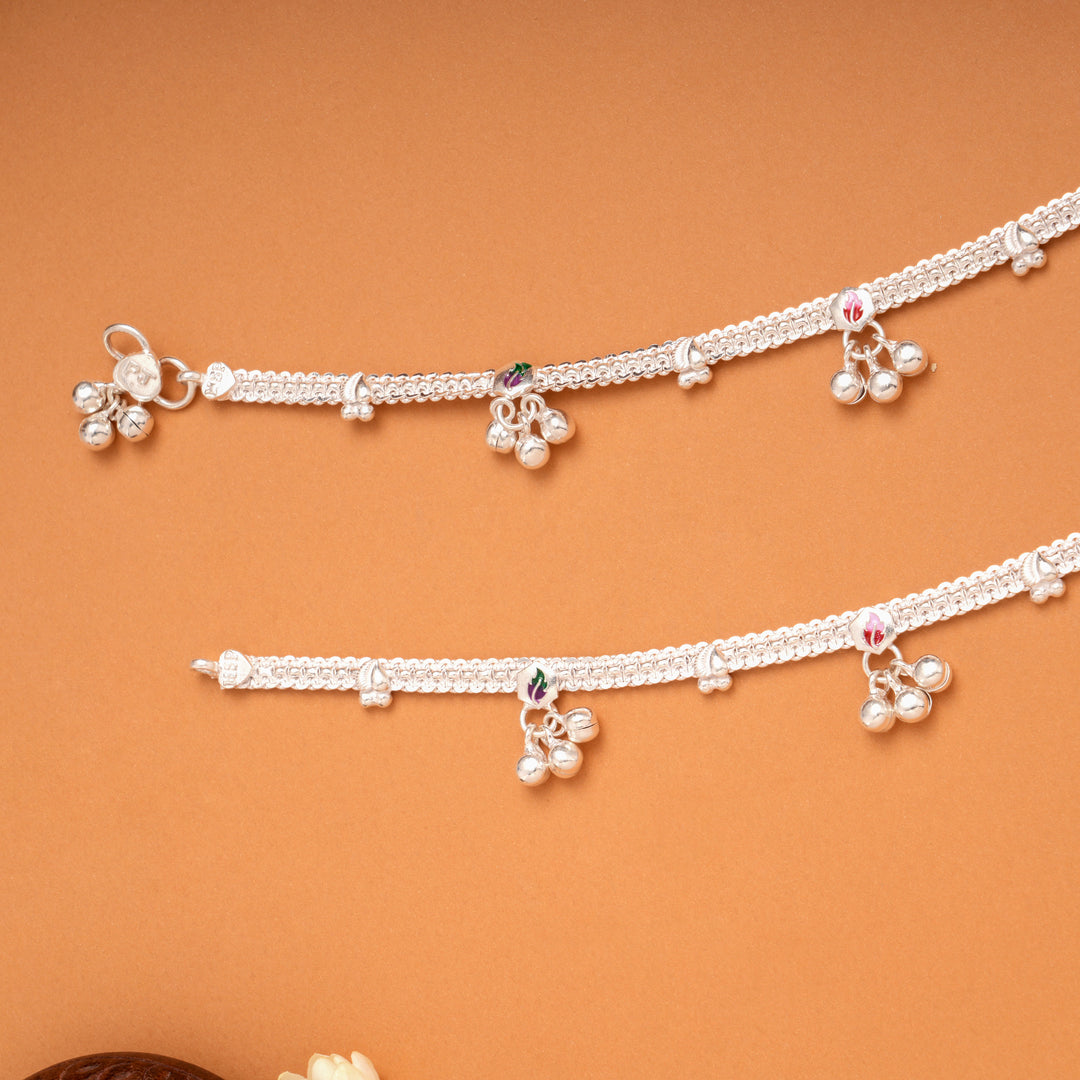 Tri Hexagonal Leafy Color Enamel Silver Anklets